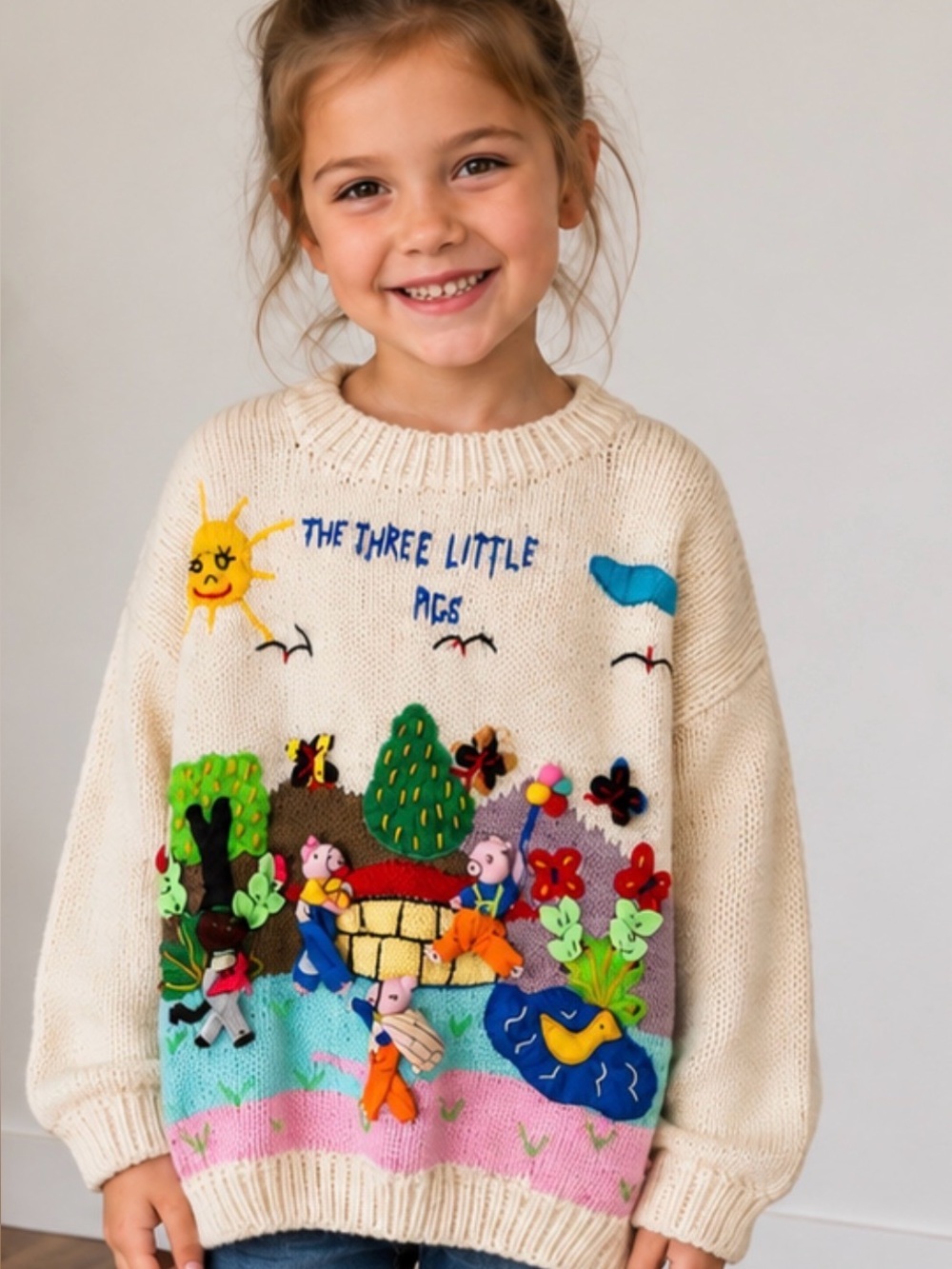 Vintage Peruvian Three Little Pigs Folk Art Sweater Girls XL 100% Cotton